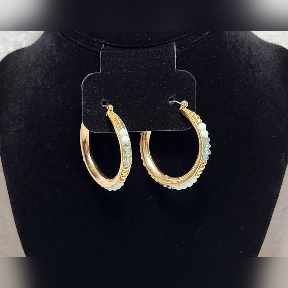 Blue, Teal and Gold Beaded Hoop Earrings / Pierced